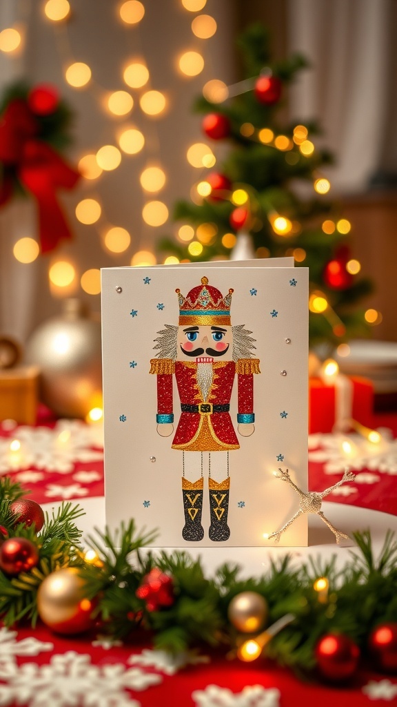Nutcracker Christmas Card Recipe A Nutcracker-themed Christmas card with colorful decorations on a festive table.